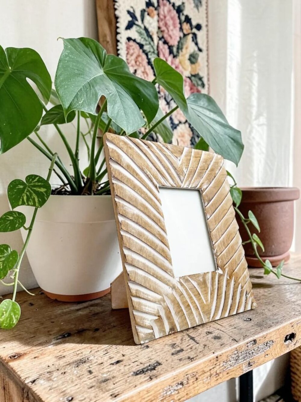 Carved Wooden White Washed Standing Picture Frame